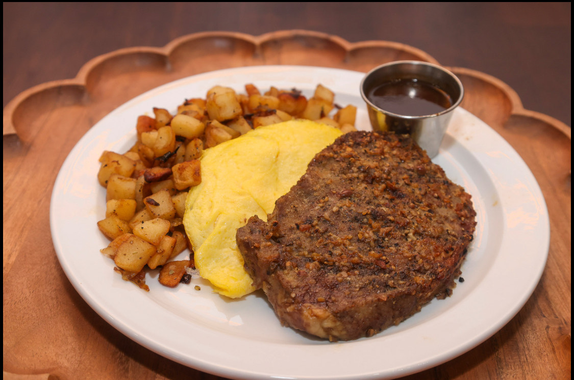 Omelet with hash browns and meat